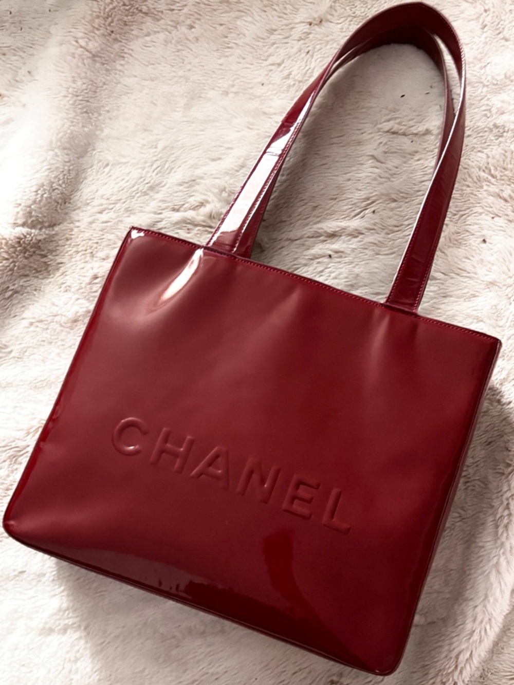 Authentic CHANEL Red Bordeaux Patent Leather Tote Bag Vernis 90’s/00’s